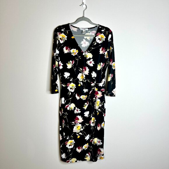 WHBM Black Floral Faux Wrap Sheath Dress Preppy Career Working Girl V-Neck Sz 12 - Picture 1 of 4